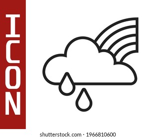 Línea negra Arcoiris con nube e icono de lluvia aislados en fondo blanco.  Vector