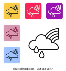 Black line Rainbow with cloud and rain icon isolated on white background. Set icons in color square buttons. Vector