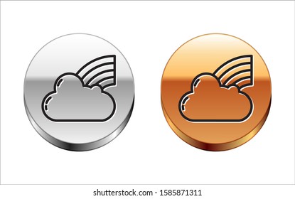 Black line Rainbow with clouds icon isolated on white background. Silver-gold circle button. Vector Illustration