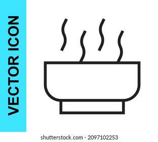 Black line Ramen soup bowl with noodles icon isolated on white background. Bowl of traditional asian noodle soup.  Vector