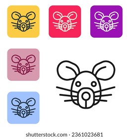 Línea negra Icono de cabeza de rat aislado en fondo blanco. Señal del ratón. Símbolo animal. Establezca iconos en los botones cuadrados de color. Vector