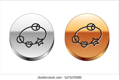 Black line Rattle baby toy icon isolated on white background. Beanbag sign. Silver-gold circle button. Vector Illustration