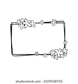 Marco rectangular de línea negra con flores. Ilustración vectorial para decorar el logo, texto, boda, tarjetas de felicitación y cualquier diseño.