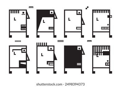 Black line rectangle shape side way faces cartoon characters icons set design elements on white background poster