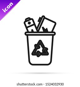 Black line Recycle bin with recycle symbol icon isolated on white background. Trash can icon. Garbage bin sign. Recycle basket sign.  Vector Illustration