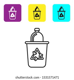 Black line Recycle bin with recycle symbol icon isolated on white background. Trash can icon. Garbage bin sign. Recycle basket sign. Set icons colorful square buttons. Vector Illustration
