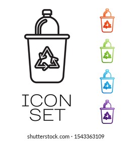 Black line Recycle bin with recycle symbol icon isolated on white background. Trash can icon. Garbage bin sign. Recycle basket sign. Set icons colorful. Vector Illustration