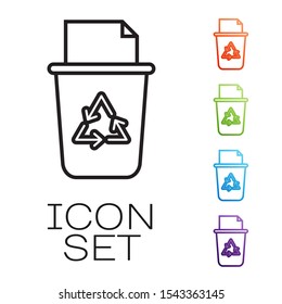 Black line Recycle bin with recycle symbol icon isolated on white background. Trash can icon. Garbage bin sign. Recycle basket sign. Set icons colorful. Vector Illustration