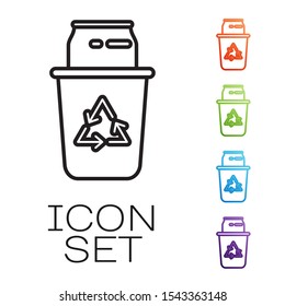 Black line Recycle bin with recycle symbol and can icon isolated on white background. Trash can icon. Garbage bin sign. Recycle basket sign. Set icons colorful. Vector Illustration