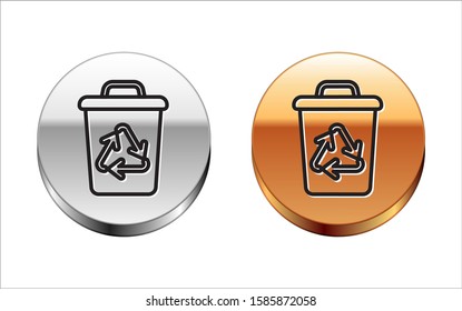 Black line Recycle bin with recycle symbol icon isolated on white background. Trash can icon. Garbage bin sign. Recycle basket sign. Silver-gold circle button. Vector Illustration