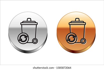 Black line Recycle bin with recycle symbol icon isolated on white background. Trash can icon. Garbage bin sign. Recycle basket sign. Silver-gold circle button. Vector Illustration