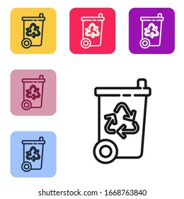Black line Recycle bin with recycle symbol icon isolated on white background. Trash can icon. Garbage bin sign. Recycle basket sign. Set icons in color square buttons. Vector Illustration