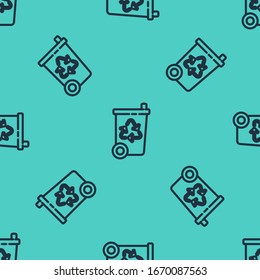 Black line Recycle bin with recycle symbol icon isolated seamless pattern on green background. Trash can icon. Garbage bin sign. Recycle basket sign.  Vector Illustration