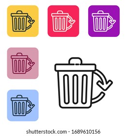 Black line Recycle bin with recycle symbol icon isolated on white background. Trash can icon. Garbage bin sign. Recycle basket sign. Set icons in color square buttons. Vector Illustration