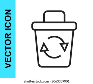 Black line Recycle bin with recycle symbol icon isolated on white background. Trash can icon. Garbage bin sign. Recycle basket sign.  Vector