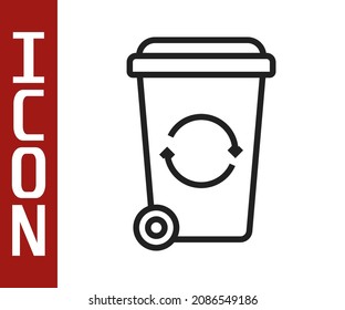 Black line Recycle bin with recycle symbol icon isolated on white background. Trash can icon. Garbage bin sign. Recycle basket sign.  Vector
