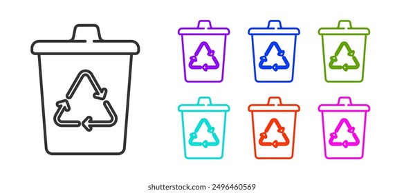 Black line Recycle bin with recycle symbol icon isolated on white background. Trash can icon. Garbage bin sign. Recycle basket sign. Set icons colorful. Vector