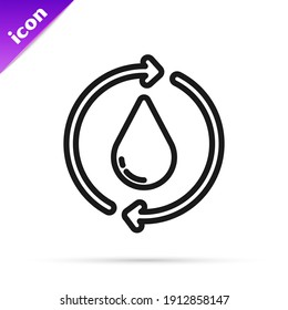 Black line Recycle clean aqua icon isolated on white background. Drop of water with sign recycling.  Vector