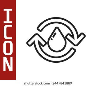 Schwarze Linie Recycle sauberes Aqua-Symbol isoliert auf weißem Hintergrund. Wassertropfen mit Schilderrezyklierung.  Vektorillustration
