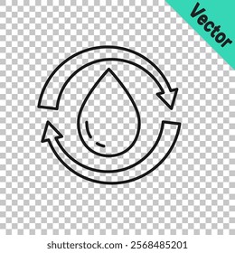 Black line Recycle clean aqua icon isolated on transparent background. Drop of water with sign recycling.  Vector