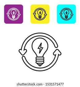 Black line Recycle and light bulb with lightning symbol icon isolated on white background. Light lamp sign. Idea symbol. Set icons colorful square buttons. Vector Illustration