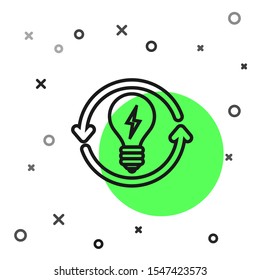 Black line Recycle and light bulb with lightning symbol icon isolated on white background. Light lamp sign. Idea symbol.  Vector Illustration