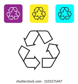 Black line Recycle symbol icon isolated on white background. Circular arrow icon. Environment recyclable go green. Set icons colorful square buttons. Vector Illustration