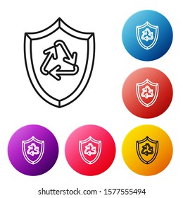 Black line Recycle symbol inside shield icon isolated on white background. Eco protection sign. Set icons colorful circle buttons. Vector Illustration