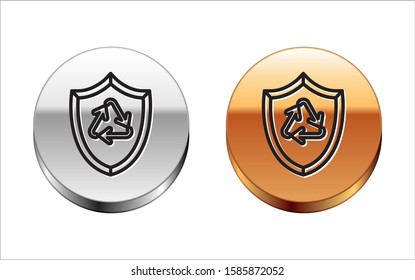 Black line Recycle symbol inside shield icon isolated on white background. Eco protection sign. Silver-gold circle button. Vector Illustration