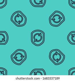Black line Recycle symbol inside shield icon isolated seamless pattern on green background. Eco protection sign.  Vector Illustration