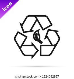 Black line Recycle symbol and leaf icon isolated on white background. Environment recyclable go green.  Vector Illustration