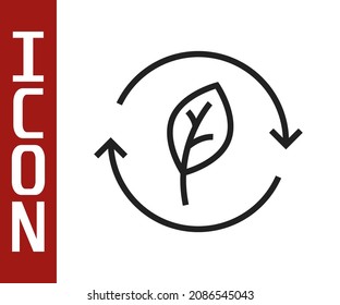 Black line Recycle symbol with leaf icon isolated on white background. Circular arrow icon. Environment recyclable go green.  Vector