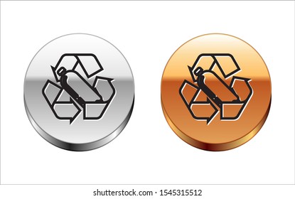 Black line Recycling plastic bottle icon isolated on white background. Silver-gold circle button. Vector Illustration