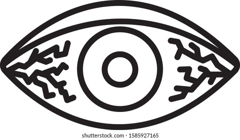 Black line Reddish eye due to viral, bacterial or allergic conjunctivitis icon isolated on white background.  Vector Illustration