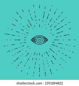 Black line Reddish eye due to viral, bacterial or allergic conjunctivitis icon isolated on green background. Abstract circle random dots. Vector Illustration