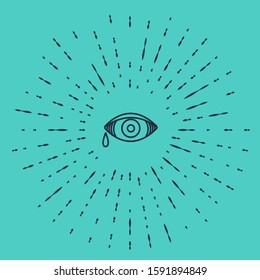 Black line Reddish eye due to viral, bacterial or allergic conjunctivitis icon isolated on green background. Abstract circle random dots. Vector Illustration
