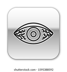 Black line Reddish eye due to viral, bacterial or allergic conjunctivitis icon isolated on white background. Silver square button. Vector Illustration
