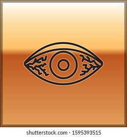 Black line Reddish eye due to viral, bacterial or allergic conjunctivitis icon isolated on gold background.  Vector Illustration