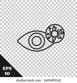 Black line Reddish eye due to virus, bacterial or allergic conjunctivitis icon isolated on transparent background.  Vector Illustration
