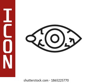 Línea negra Ojo rojizo debido a un icono de conjuntivitis viral, bacteriana o alérgica aislado en el fondo blanco.  Vector