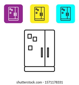 Black line Refrigerator icon isolated on white background. Fridge freezer refrigerator. Household tech and appliances. Set icons colorful square buttons. Vector Illustration