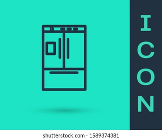 Black line Refrigerator icon isolated on green background. Fridge freezer refrigerator. Household tech and appliances.  Vector Illustration