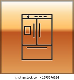 Black line Refrigerator icon isolated on gold background. Fridge freezer refrigerator. Household tech and appliances.  Vector Illustration