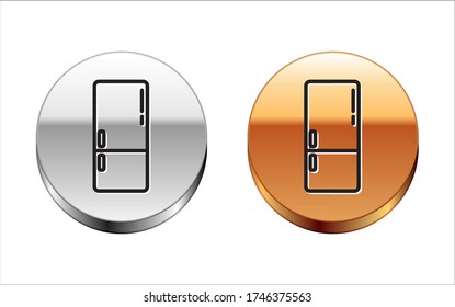 Icono del refrigerador de línea negra aislado en fondo blanco. Frigorífico congelador. Tecnología y electrodomésticos. Botón de círculo dorado plateado. Vector