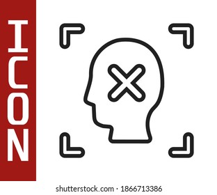 Icono de reconocimiento de la cara de rechazo de línea negra aislado en fondo blanco. Icono del escáner de identificación facial. Ciberseguridad.  Vector