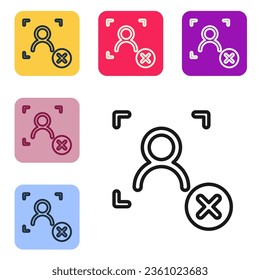 Icono de reconocimiento de la cara de rechazo de línea negra aislado en fondo blanco. Icono del escáner de identificación facial. Ciberseguridad. Establezca iconos en los botones cuadrados de color. Vector