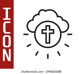 Línea negra Cruz religiosa en el icono del círculo aislado en el fondo blanco. Amor a Dios, símbolo católico y cristiano. La gente reza por el amor y la paz.  Vector