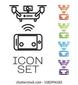 Black line Remote aerial drone with a camera taking photography or video recording icon isolated on white background. Set icons colorful. Vector Illustration