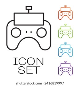 Icono de control remoto de línea negra aislado en fondo blanco. Indique los iconos en colores. Vector