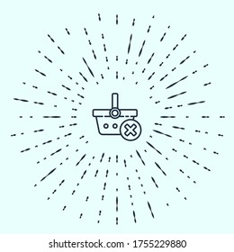 Línea negra Eliminar icono de la cesta de la compra aislado en el fondo gris. Concepto de compra en línea. Servicio de entrega. Cesta del supermercado y marca X. Resumen de puntos aleatorios de círculo. Ilustración vectorial